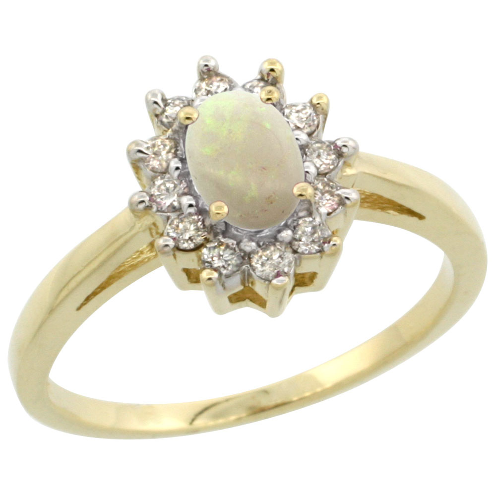 14K Yellow Gold Natural Opal Flower Diamond Halo Ring Oval 6x4 mm, sizes 5-10