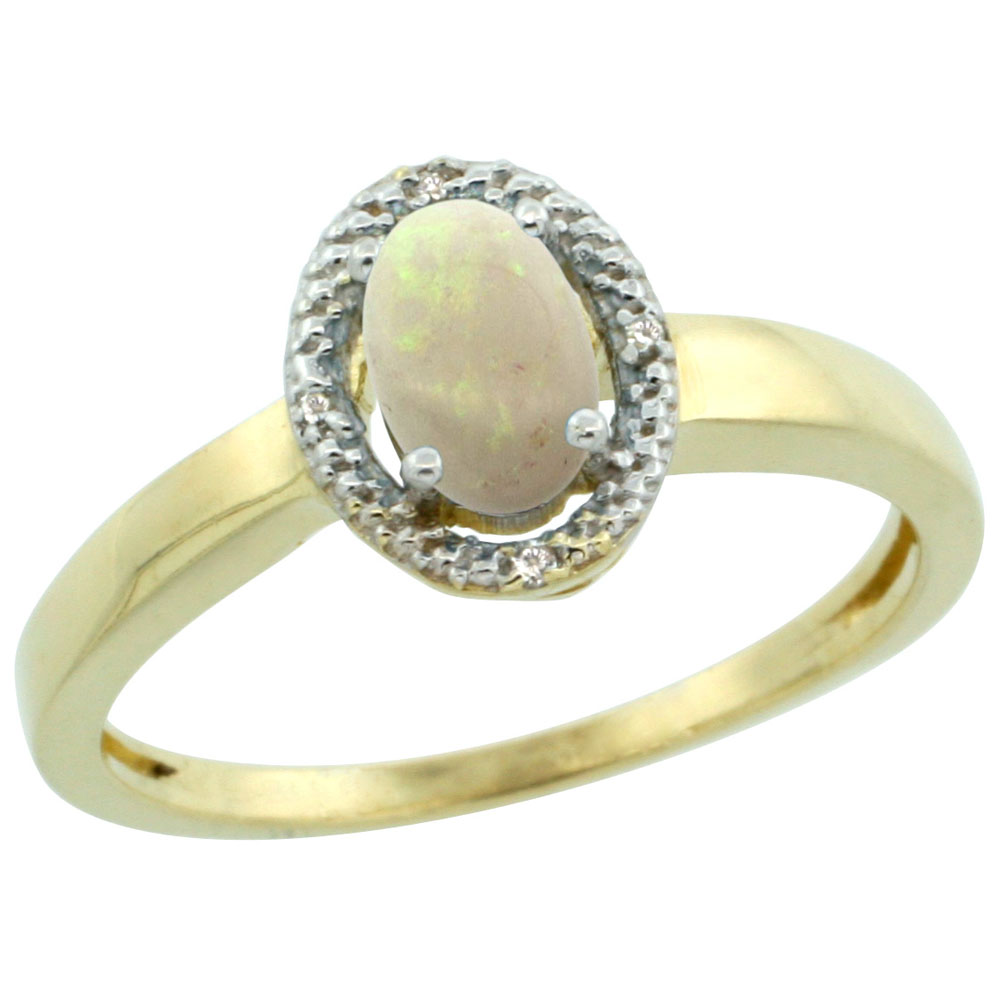 10K Yellow Gold Diamond Halo Natural Opal Engagement Ring Oval 6X4 mm, sizes 5-10