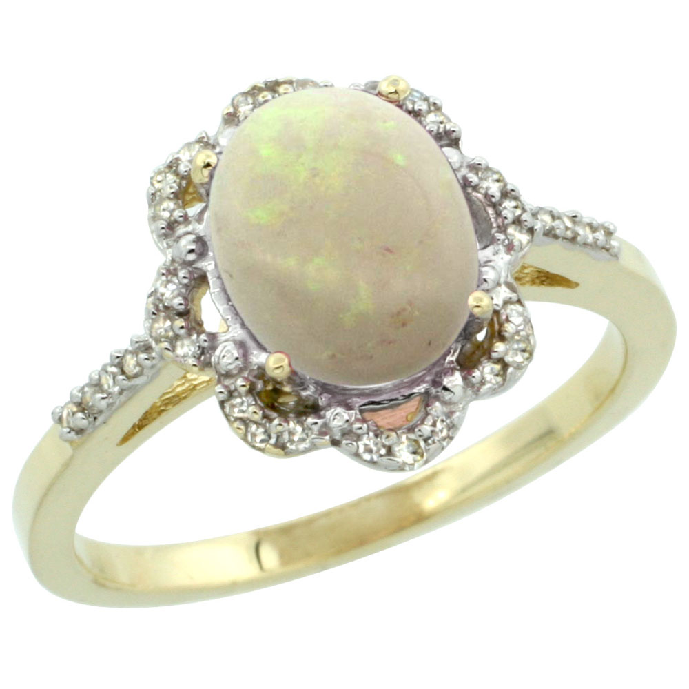 10K Yellow Gold Diamond Halo Natural Opal Engagement Ring Oval 9x7mm, sizes 5-10