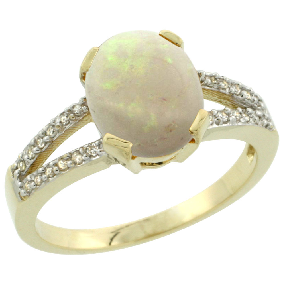 10K Yellow Gold Diamond Natural Opal Engagement Ring Oval 10x8mm, sizes 5-10