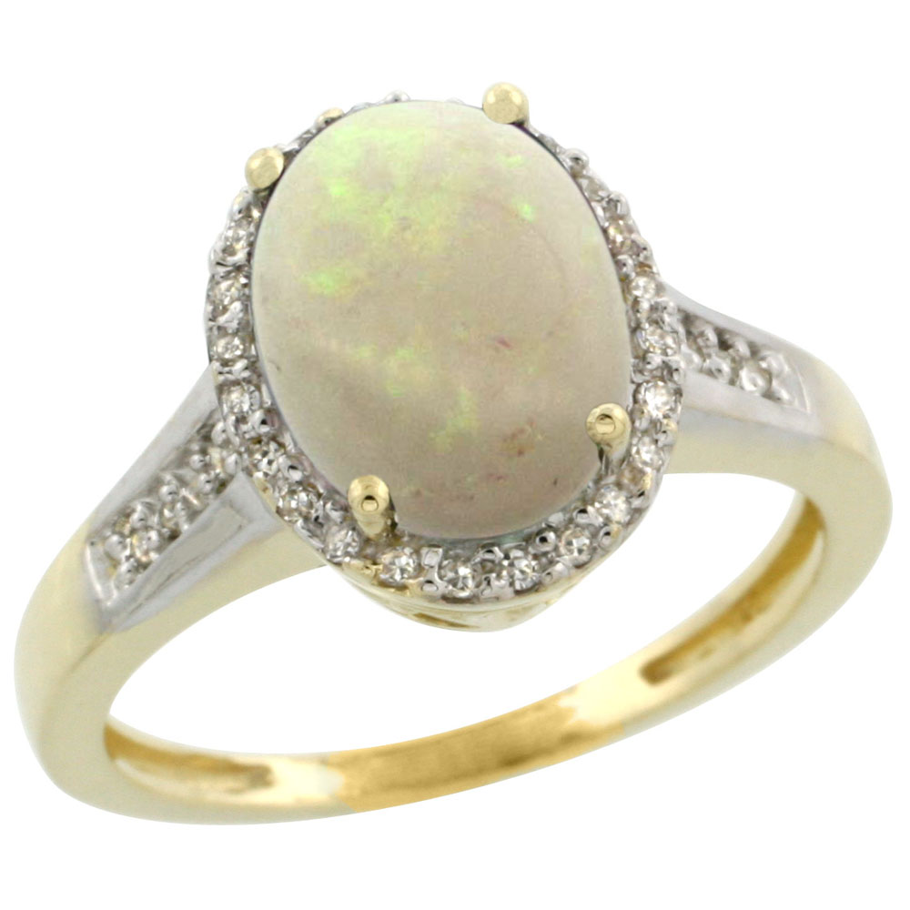 10K Yellow Gold Diamond Natural Opal Engagement Ring Oval 10x8mm, sizes 5-10