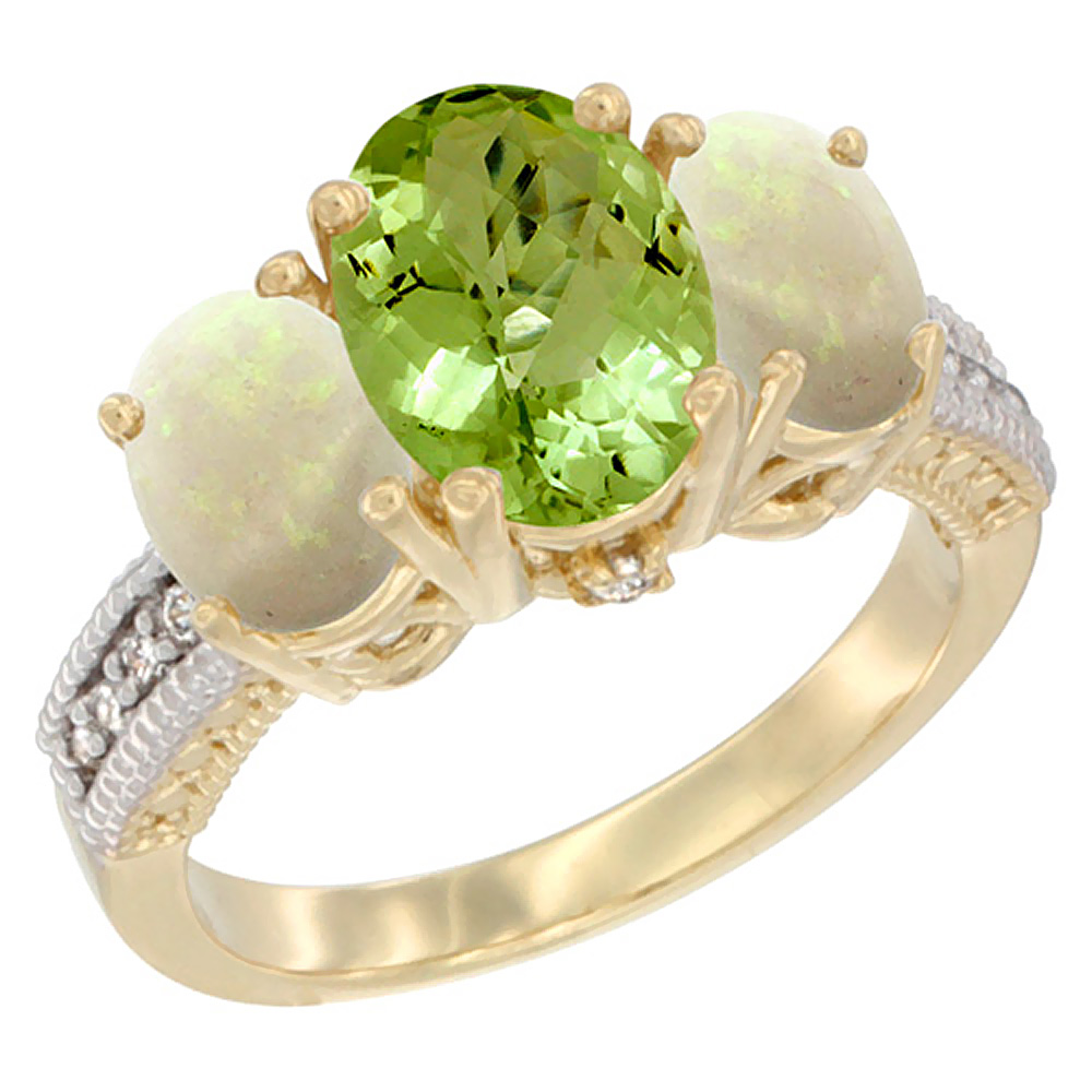 14K Yellow Gold Diamond Natural Peridot Ring 3-Stone Oval 8x6mm with Opal, sizes5-10