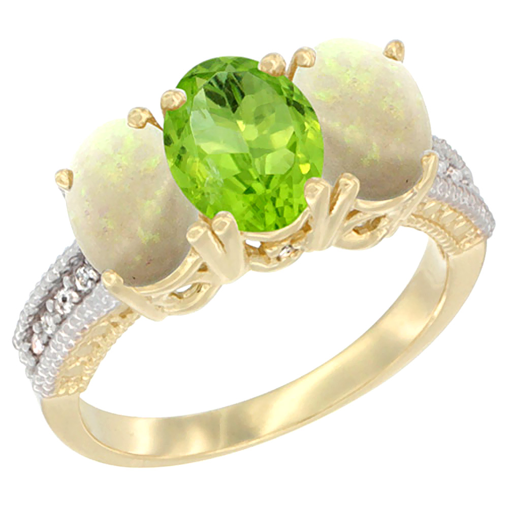 10K Yellow Gold Diamond Natural Peridot &amp; Opal Ring 3-Stone 7x5 mm Oval, sizes 5 - 10