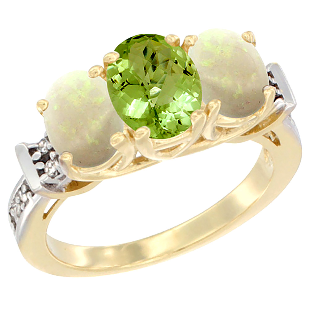 10K Yellow Gold Natural Peridot & Opal Sides Ring 3-Stone Oval Diamond Accent, sizes 5 - 10