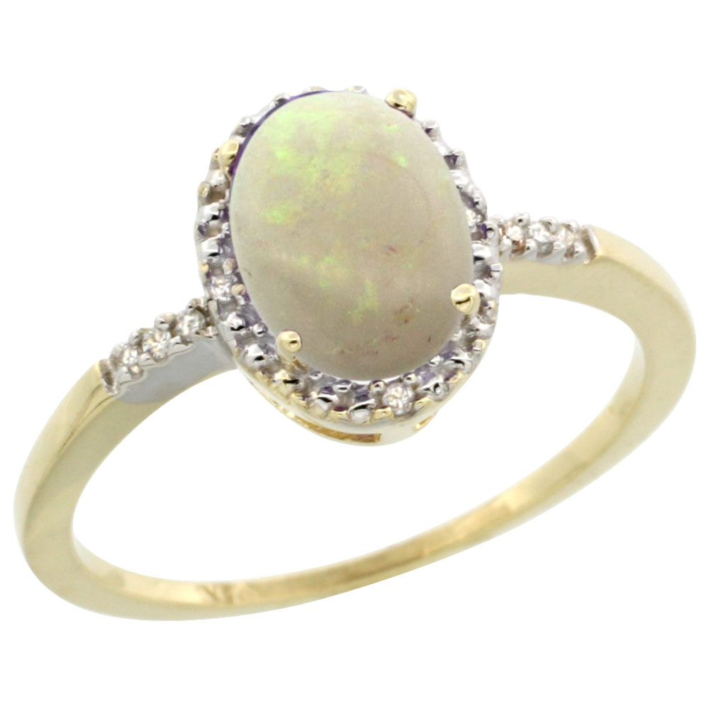 10K Yellow Gold Diamond Natural Opal Ring Oval 8x6mm, sizes 5-10