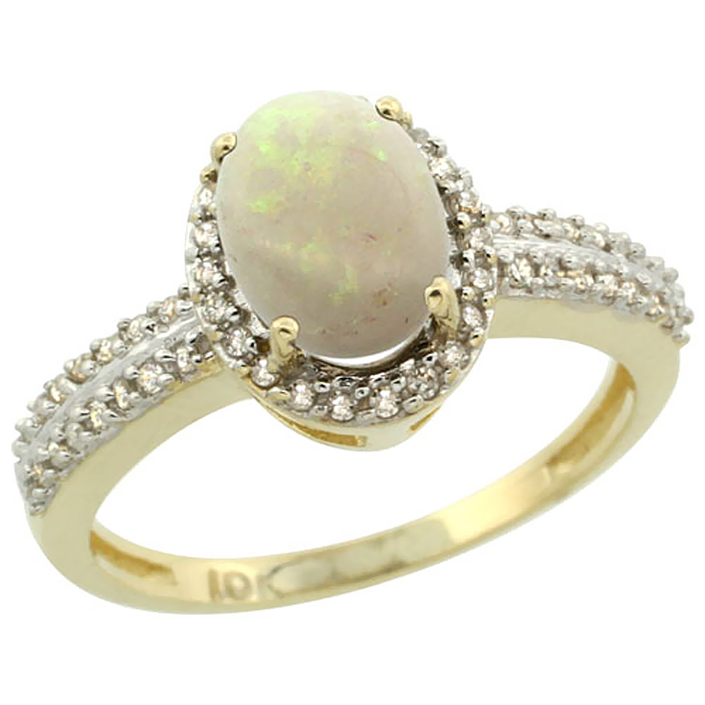 14K Yellow Gold Natural Opal Ring Oval 8x6mm Diamond Halo, sizes 5-10