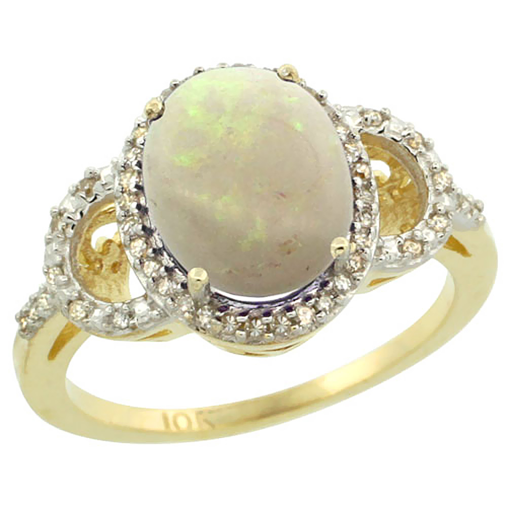 10K Yellow Gold Diamond Natural Opal Engagement Ring Oval 10x8mm, sizes 5-10