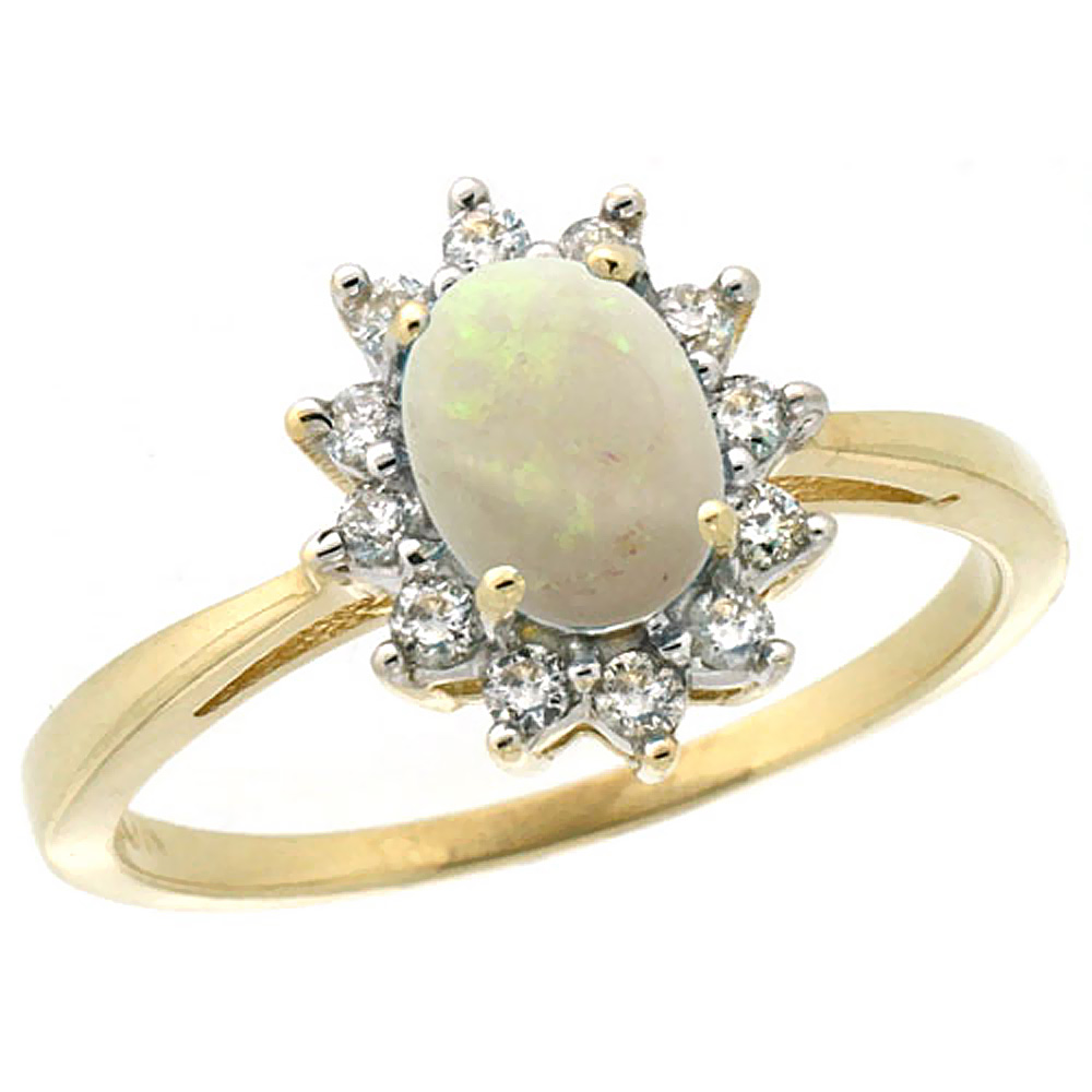 14K Yellow Gold Natural Opal Engagement Ring Oval 7x5mm Diamond Halo, sizes 5-10