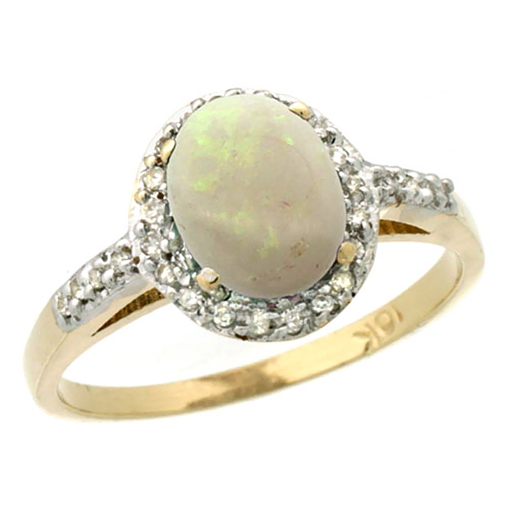 10K Yellow Gold Diamond Natural Opal Ring Oval 8x6mm, sizes 5-10