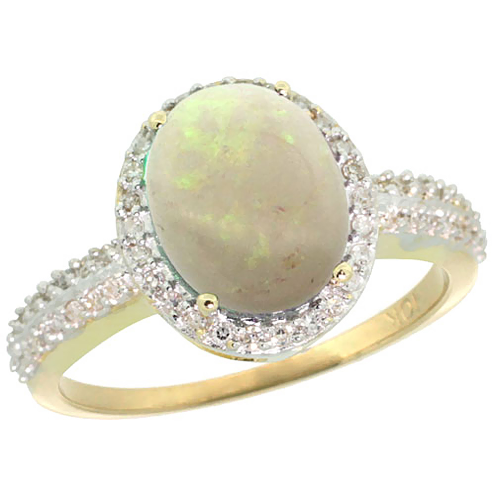 10K Yellow Gold Diamond Natural Opal Engagement Ring Oval 10x8mm, sizes 5-10