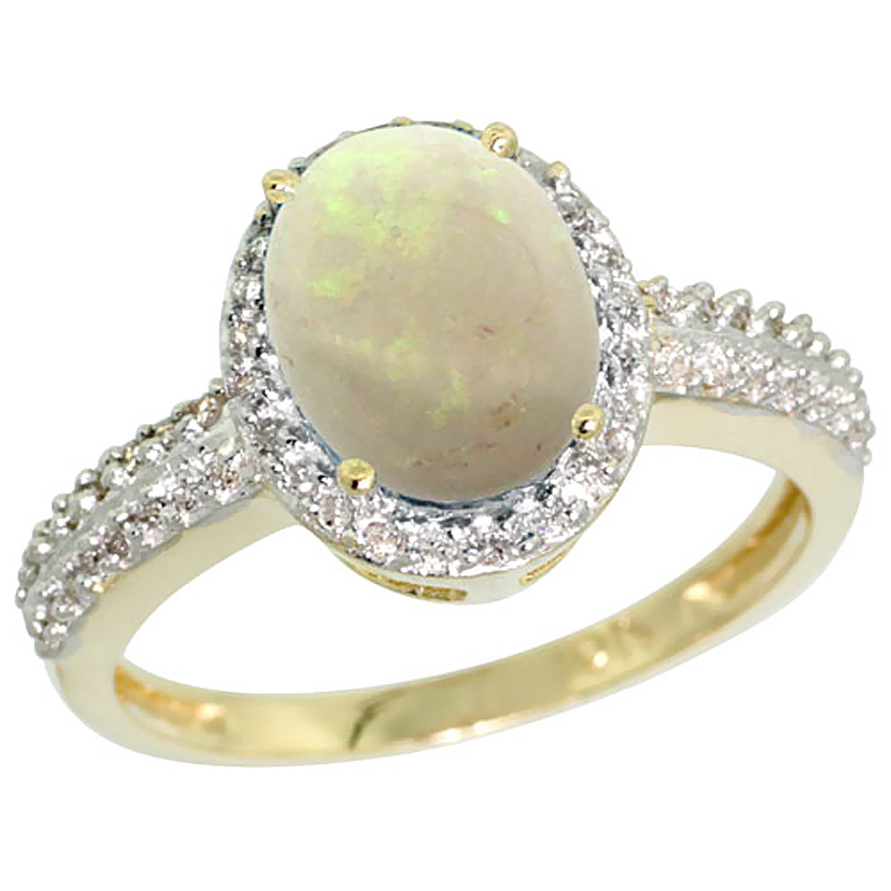 10K Yellow Gold Diamond Natural Opal Ring Oval 9x7mm, sizes 5-10