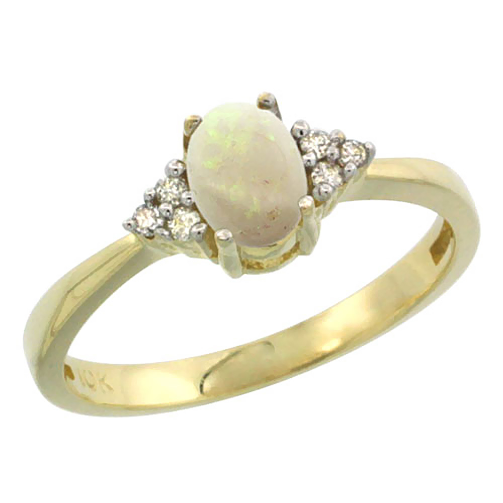 14K Yellow Gold Natural Opal Ring Oval 6x4mm Diamond Accent, sizes 5-10