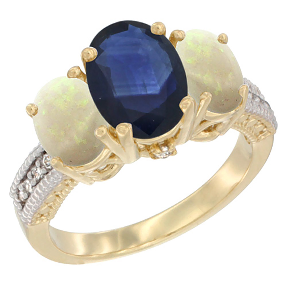 14K Yellow Gold Diamond Natural Blue Sapphire Ring 3-Stone Oval 8x6mm with Opal, sizes5-10