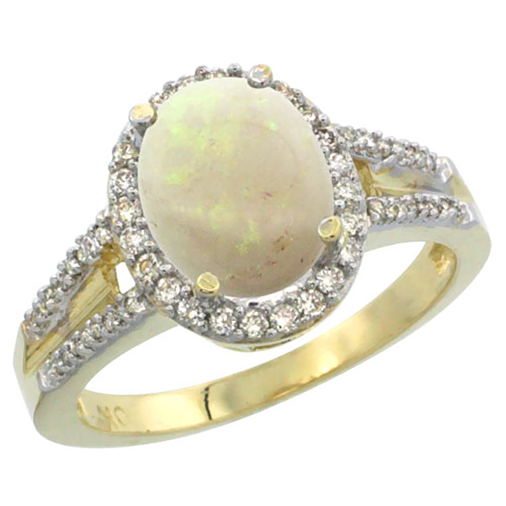 10K Yellow Gold Diamond Natural Opal Engagement Ring Oval 10x8mm, sizes 5-10