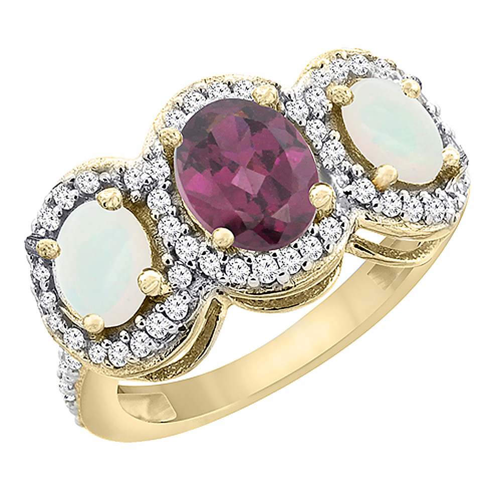 14K Yellow Gold Natural Rhodolite &amp; Opal 3-Stone Ring Oval Diamond Accent, sizes 5 - 10