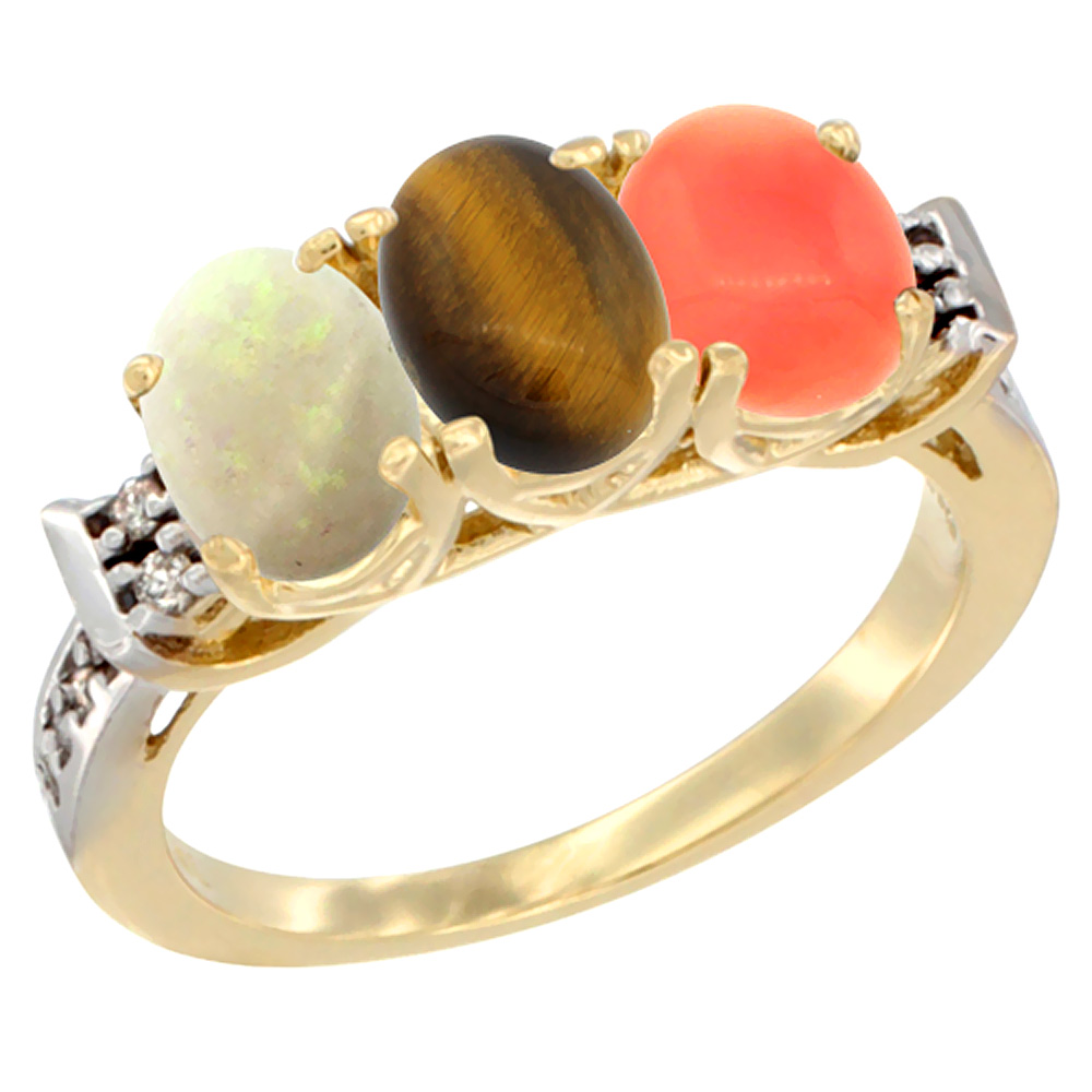 14K Yellow Gold Natural Opal, Tiger Eye &amp; Coral Ring 3-Stone Oval 7x5 mm Diamond Accent, sizes 5 - 10