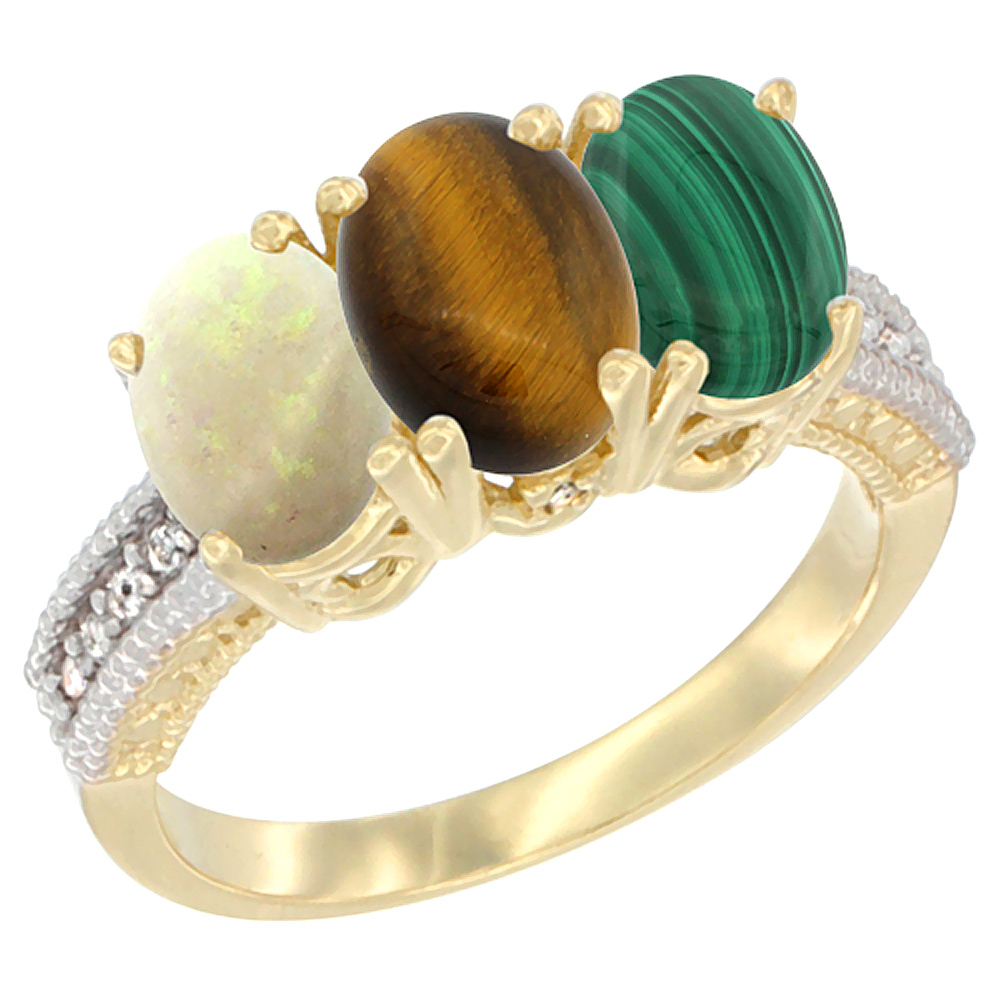 14K Yellow Gold Natural Opal, Tiger Eye &amp; Malachite Ring 3-Stone 7x5 mm Oval Diamond Accent, sizes 5 - 10