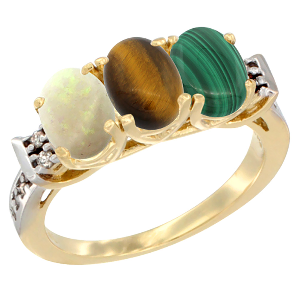 10K Yellow Gold Natural Opal, Tiger Eye &amp; Malachite Ring 3-Stone Oval 7x5 mm Diamond Accent, sizes 5 - 10