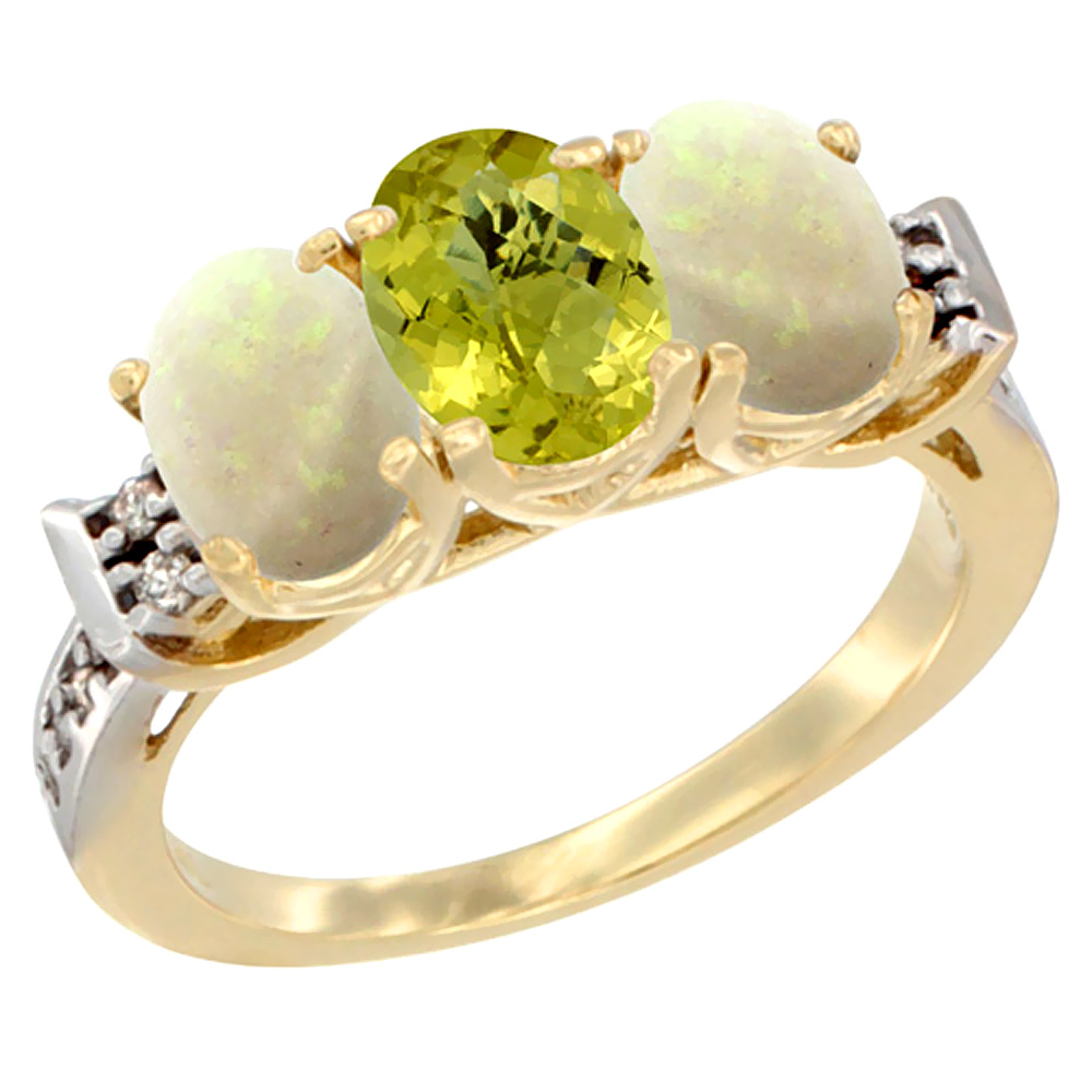 10K Yellow Gold Natural Lemon Quartz & Opal Sides Ring 3-Stone Oval 7x5 mm Diamond Accent, sizes 5 - 10