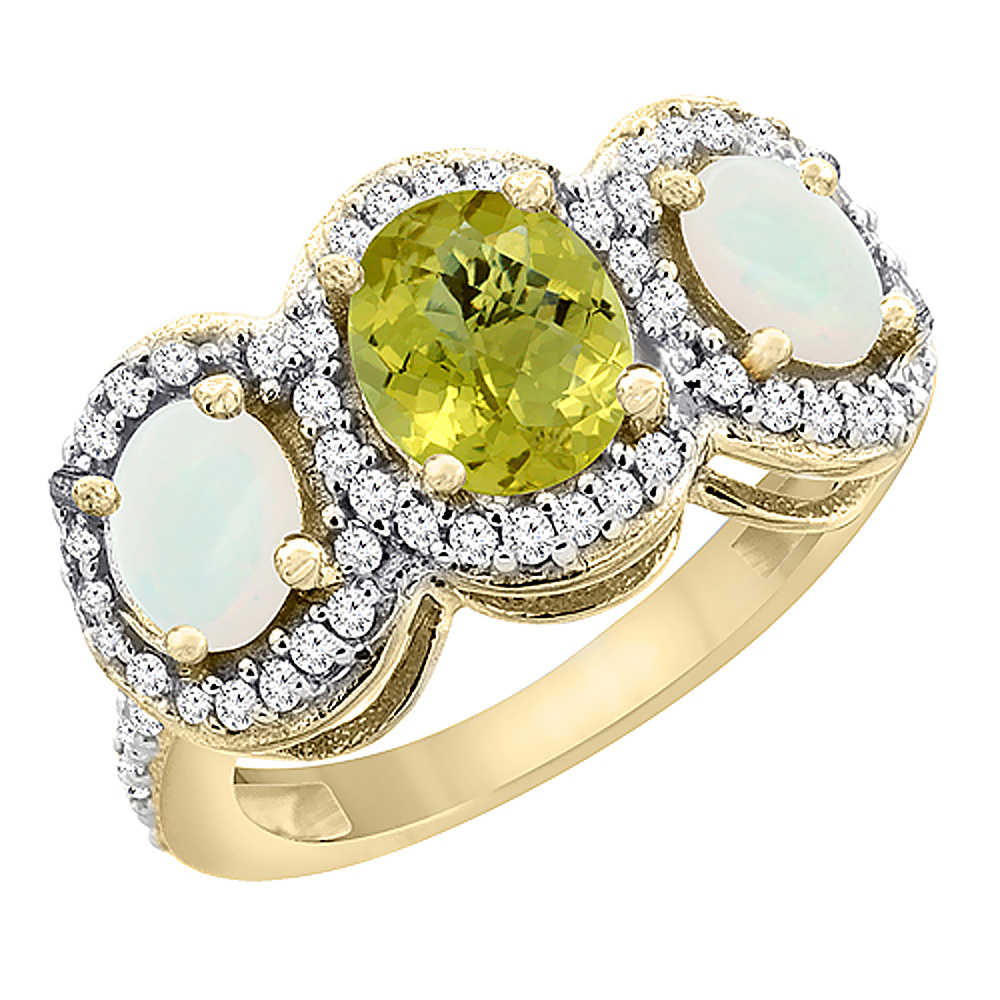 10K Yellow Gold Natural Lemon Quartz &amp; Opal 3-Stone Ring Oval Diamond Accent, sizes 5 - 10