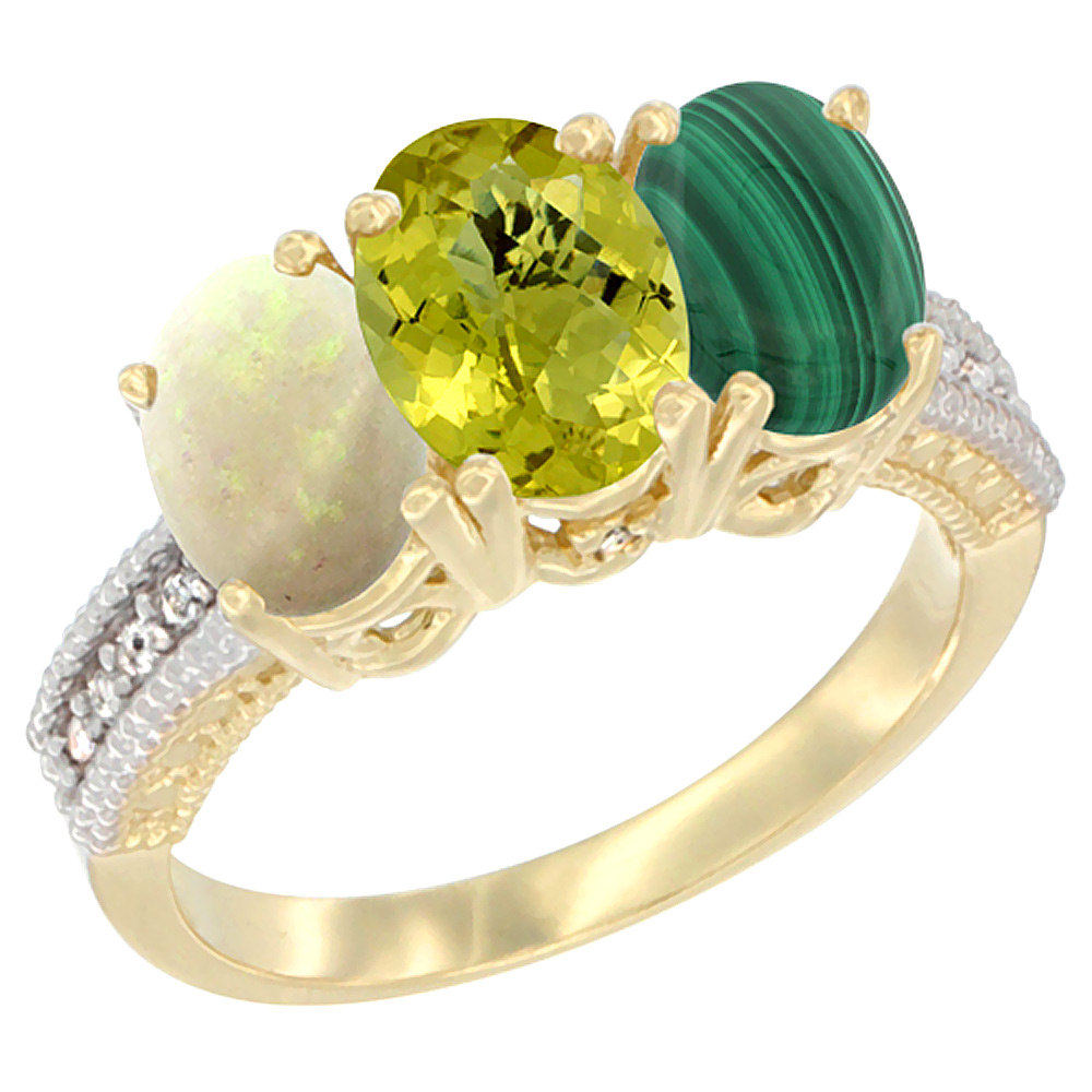 14K Yellow Gold Natural Opal, Lemon Quartz & Malachite Ring 3-Stone 7x5 mm Oval Diamond Accent, sizes 5 - 10