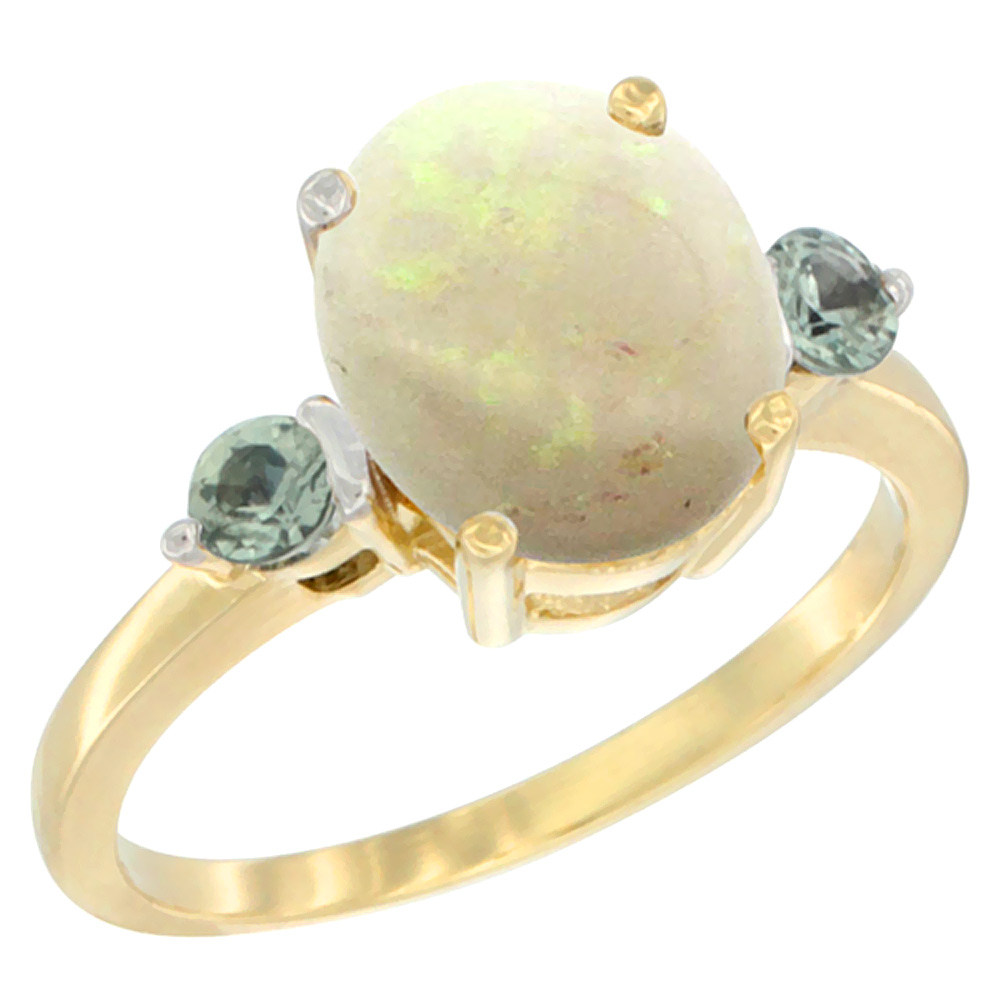14K Yellow Gold 10x8mm Oval Natural Opal Ring for Women Green Sapphire Side-stones sizes 5 - 10