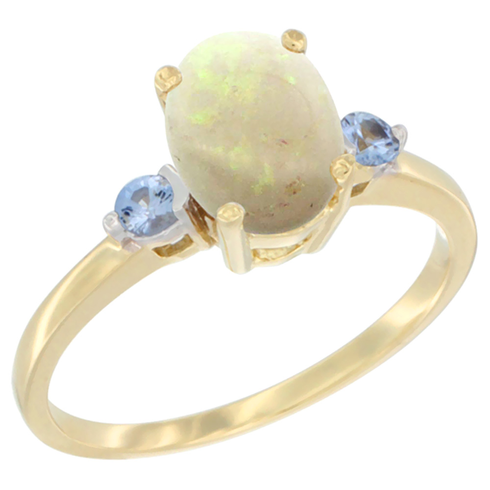 14K Yellow Gold Natural Opal Ring Oval 9x7 mm Light Blue Sapphire Accent, sizes 5 to 10