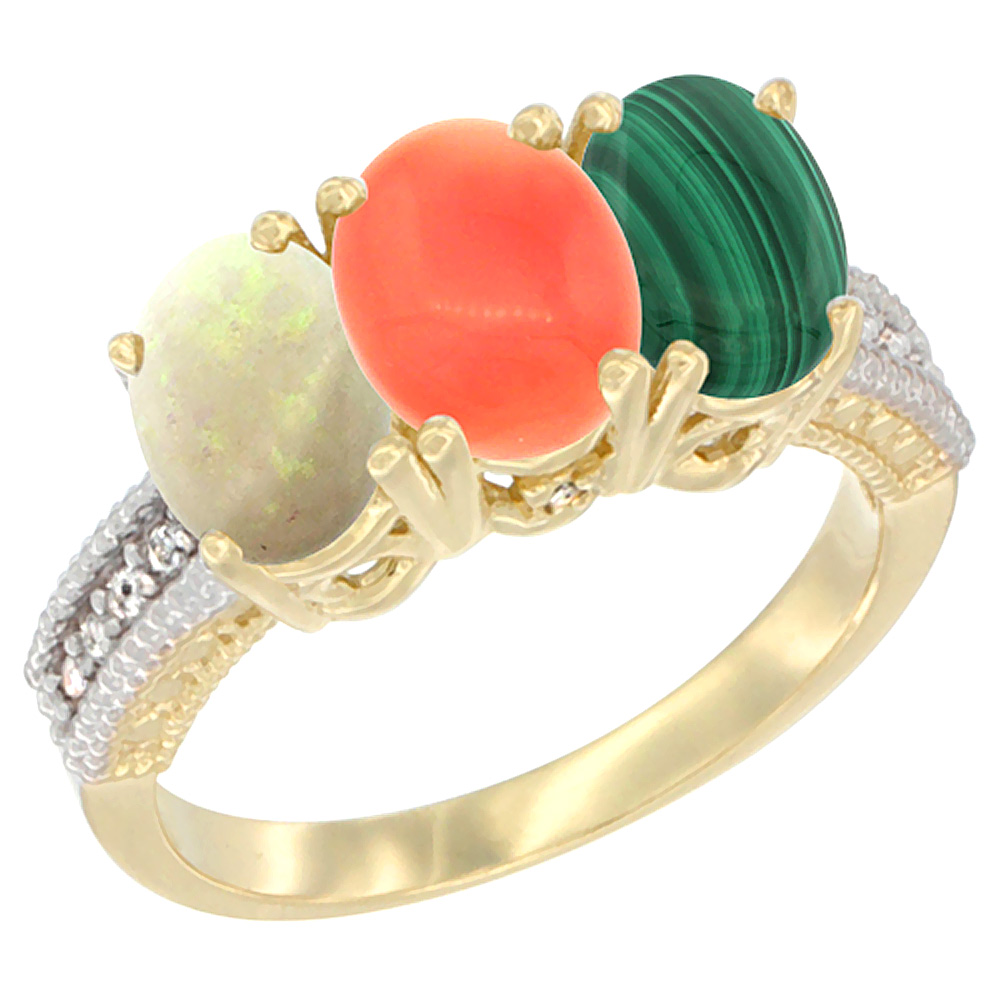 10K Yellow Gold Diamond Natural Opal, Coral & Malachite Ring 3-Stone 7x5 mm Oval, sizes 5 - 10