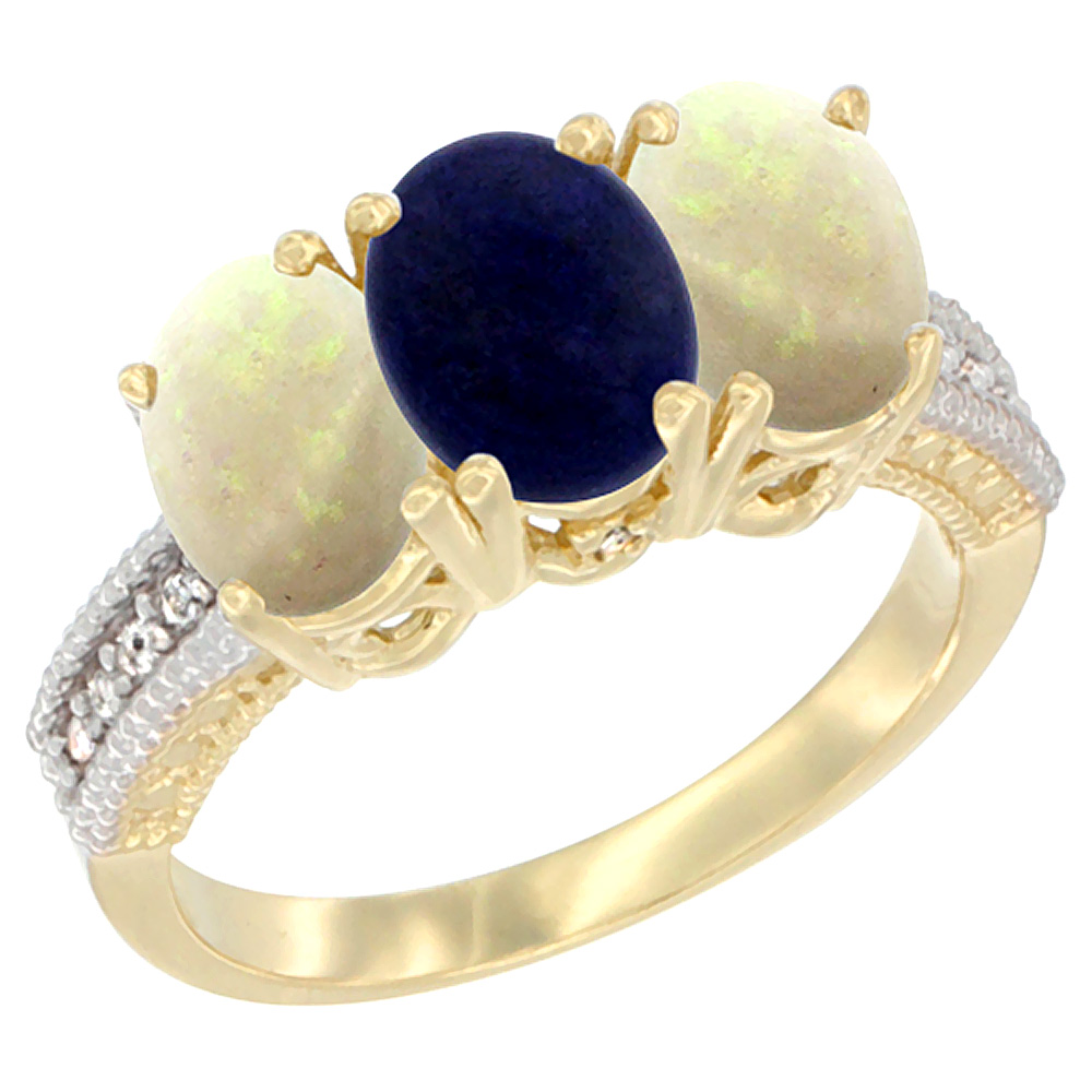 10K Yellow Gold Diamond Natural Lapis & Opal Ring 3-Stone 7x5 mm Oval, sizes 5 - 10