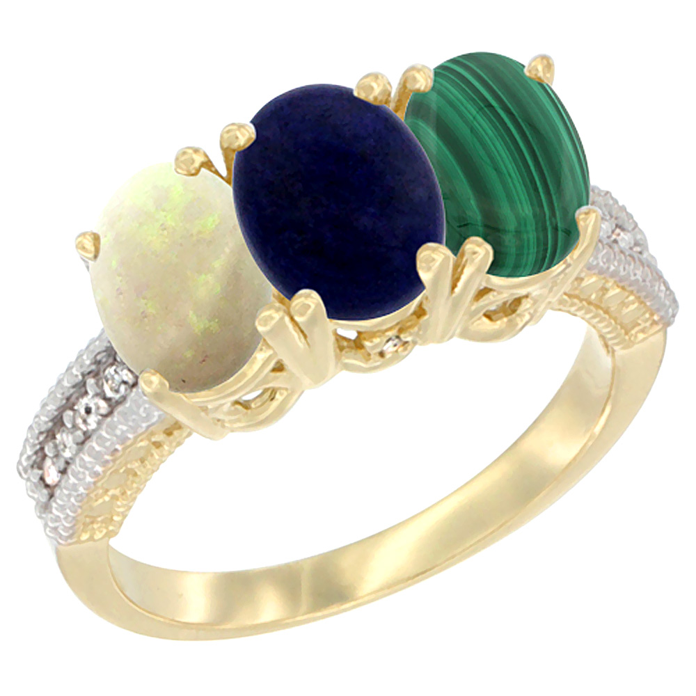 10K Yellow Gold Diamond Natural Opal, Lapis & Malachite Ring 3-Stone 7x5 mm Oval, sizes 5 - 10