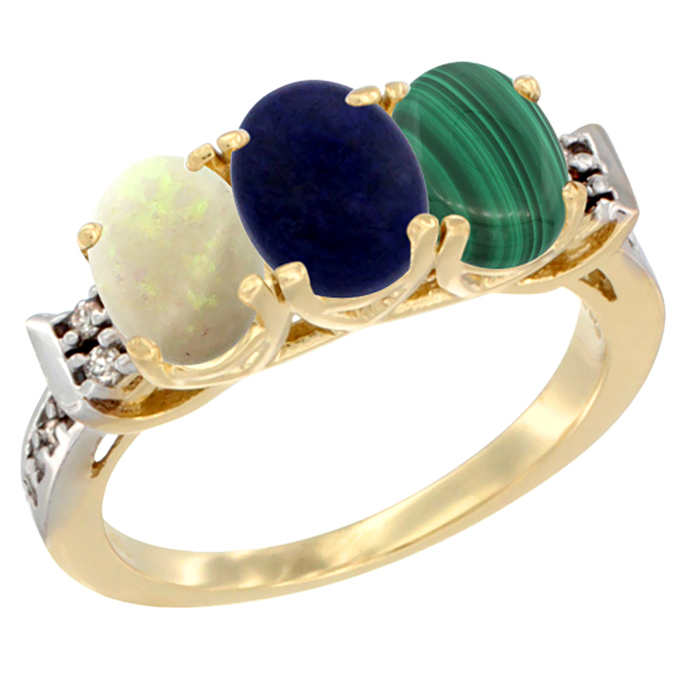 10K Yellow Gold Natural Opal, Lapis & Malachite Ring 3-Stone Oval 7x5 mm Diamond Accent, sizes 5 - 10