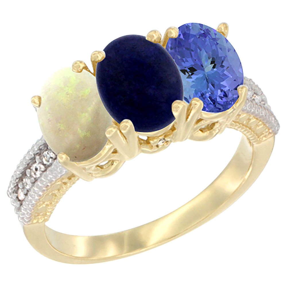 10K Yellow Gold Diamond Natural Opal, Lapis & Tanzanite Ring 3-Stone 7x5 mm Oval, sizes 5 - 10