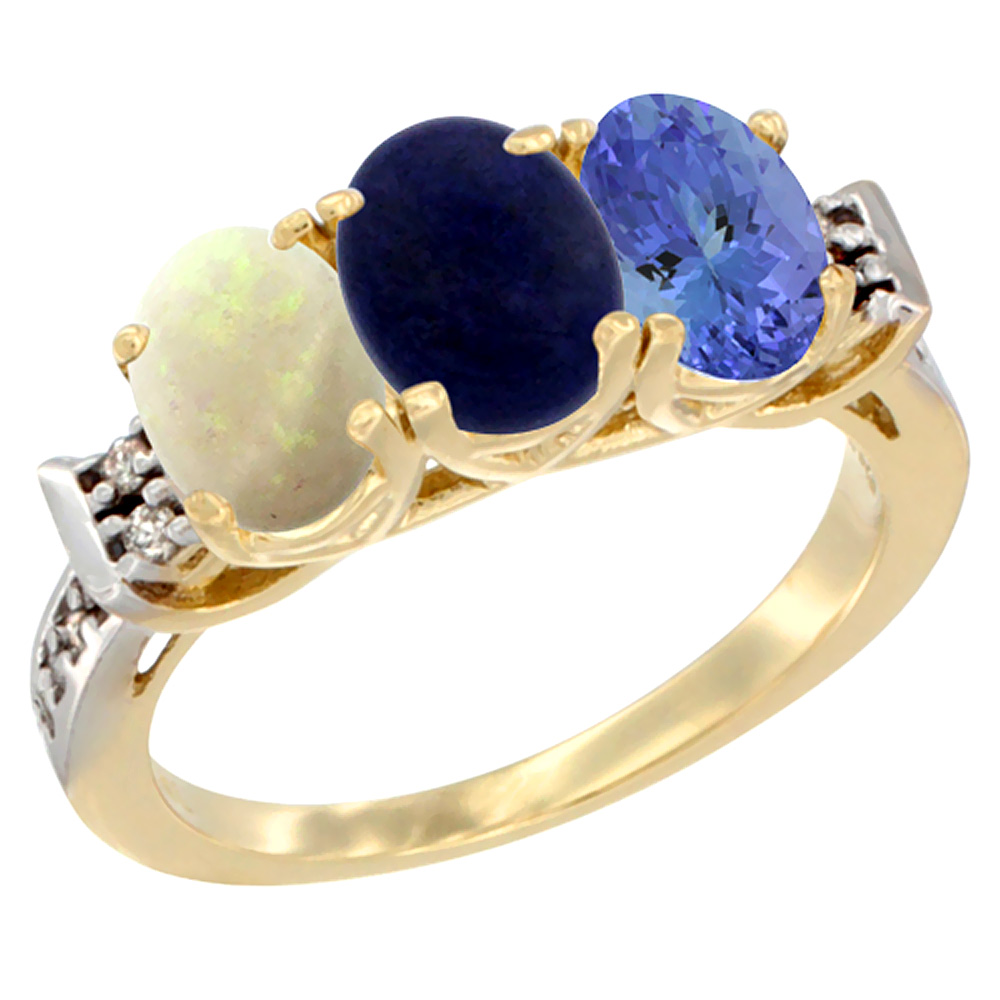 10K Yellow Gold Natural Opal, Lapis & Tanzanite Ring 3-Stone Oval 7x5 mm Diamond Accent, sizes 5 - 10