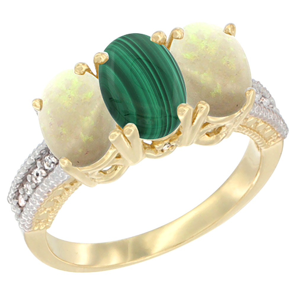 10K Yellow Gold Diamond Natural Malachite &amp; Opal Ring 3-Stone 7x5 mm Oval, sizes 5 - 10