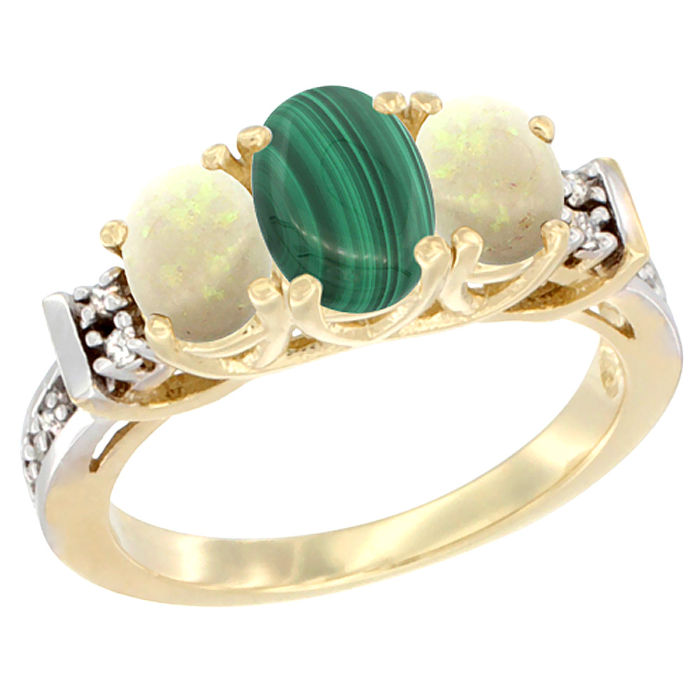 10K Yellow Gold Natural Malachite & Opal Ring 3-Stone Oval Diamond Accent