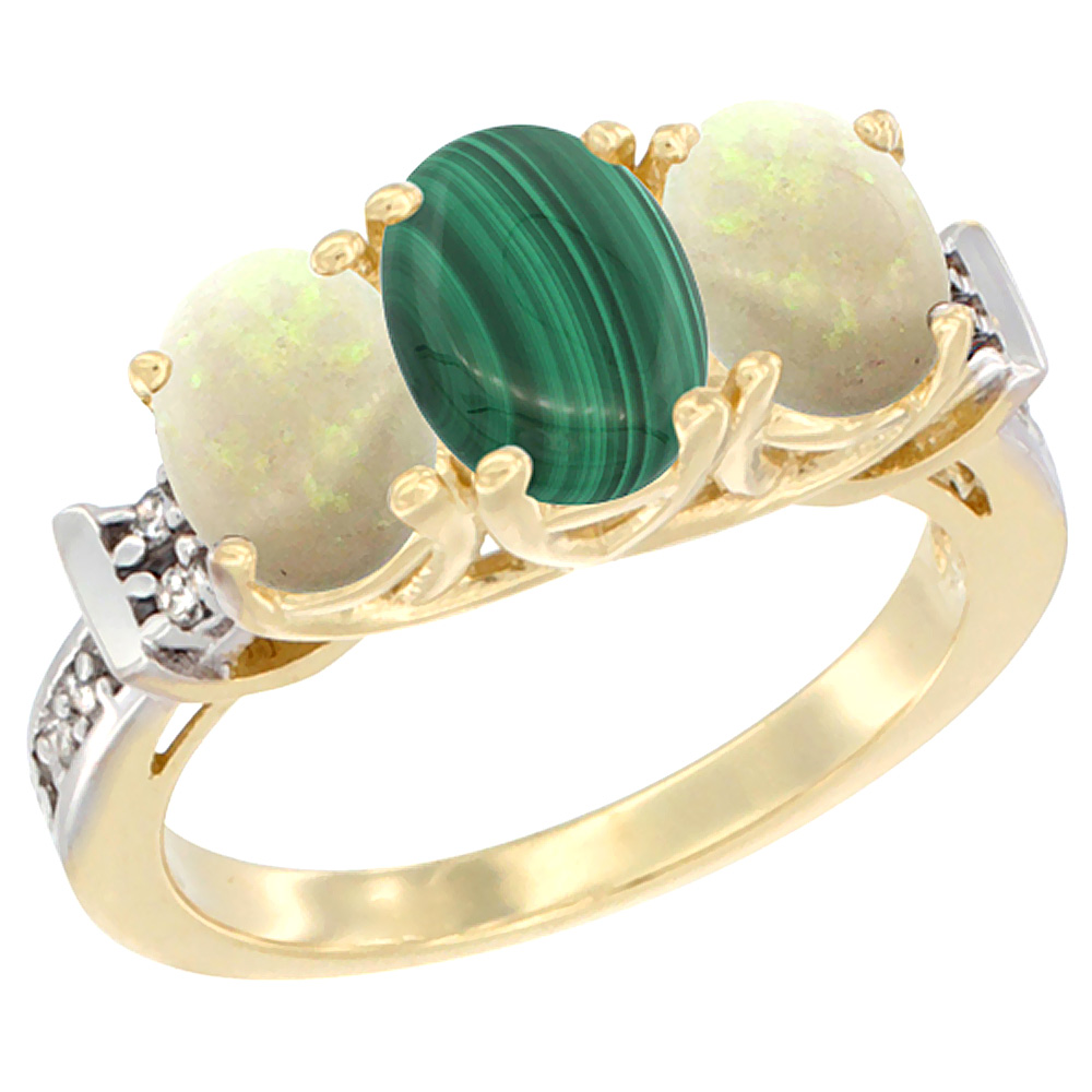 10K Yellow Gold Natural Malachite & Opal Sides Ring 3-Stone Oval Diamond Accent, sizes 5 - 10