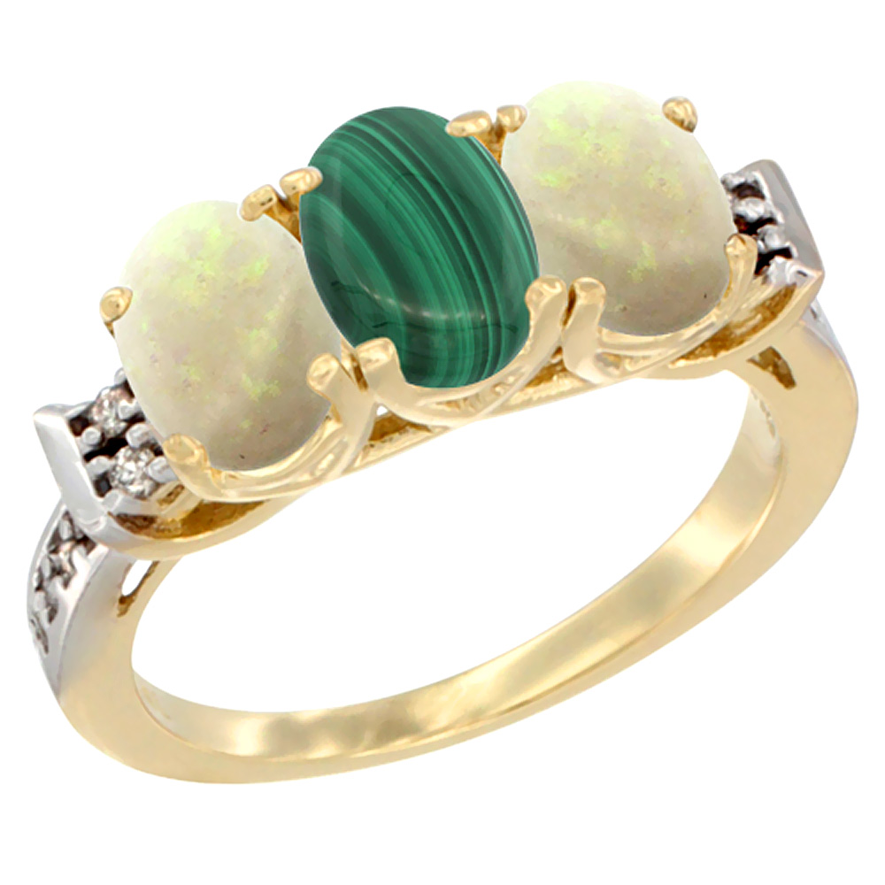 14K Yellow Gold Natural Malachite &amp; Opal Sides Ring 3-Stone Oval 7x5 mm Diamond Accent, sizes 5 - 10