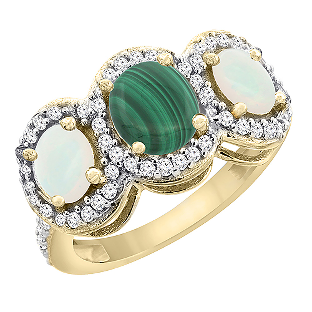 10K Yellow Gold Natural Malachite &amp; Opal 3-Stone Ring Oval Diamond Accent, sizes 5 - 10