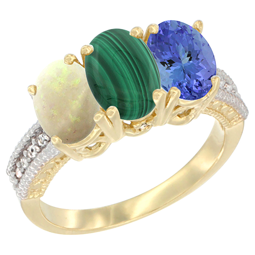 10K Yellow Gold Diamond Natural Opal, Malachite & Tanzanite Ring 3-Stone 7x5 mm Oval, sizes 5 - 10