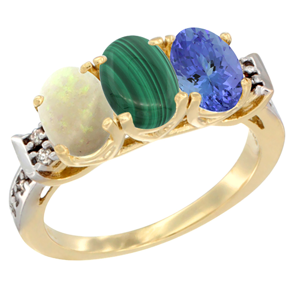 10K Yellow Gold Natural Opal, Malachite & Tanzanite Ring 3-Stone Oval 7x5 mm Diamond Accent, sizes 5 - 10