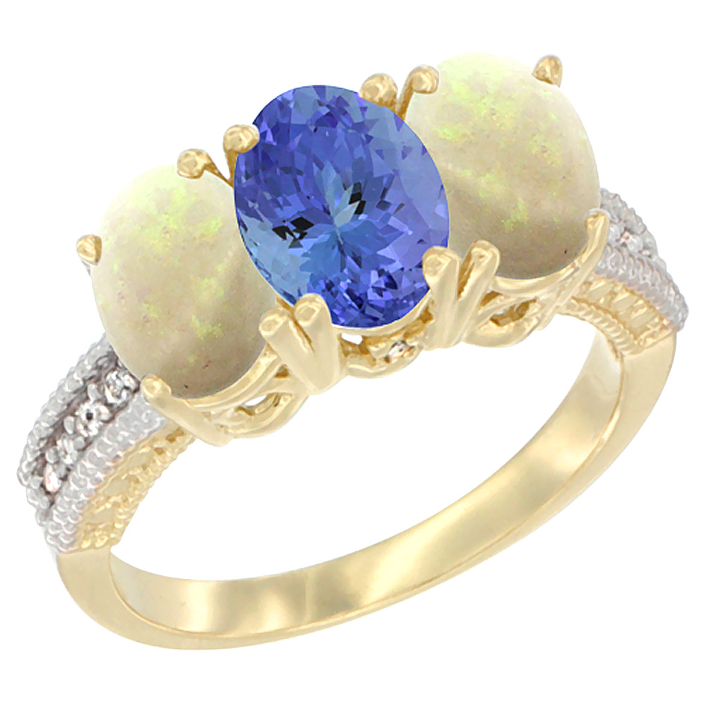 10K Yellow Gold Diamond Natural Tanzanite &amp; Opal Ring 3-Stone 7x5 mm Oval, sizes 5 - 10