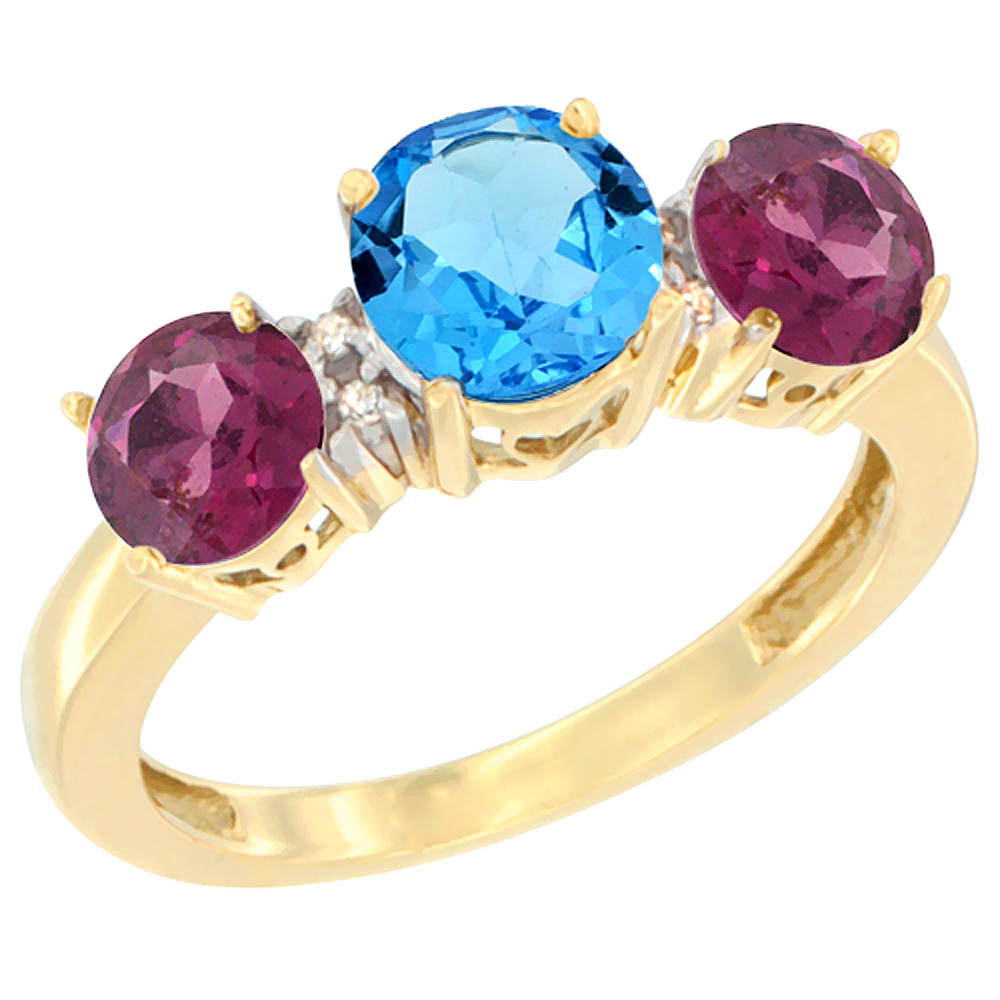 14K Yellow Gold Round 3-Stone Natural Swiss Blue Topaz Ring & Rhodolite Sides Diamond Accent, sizes 5 - 10