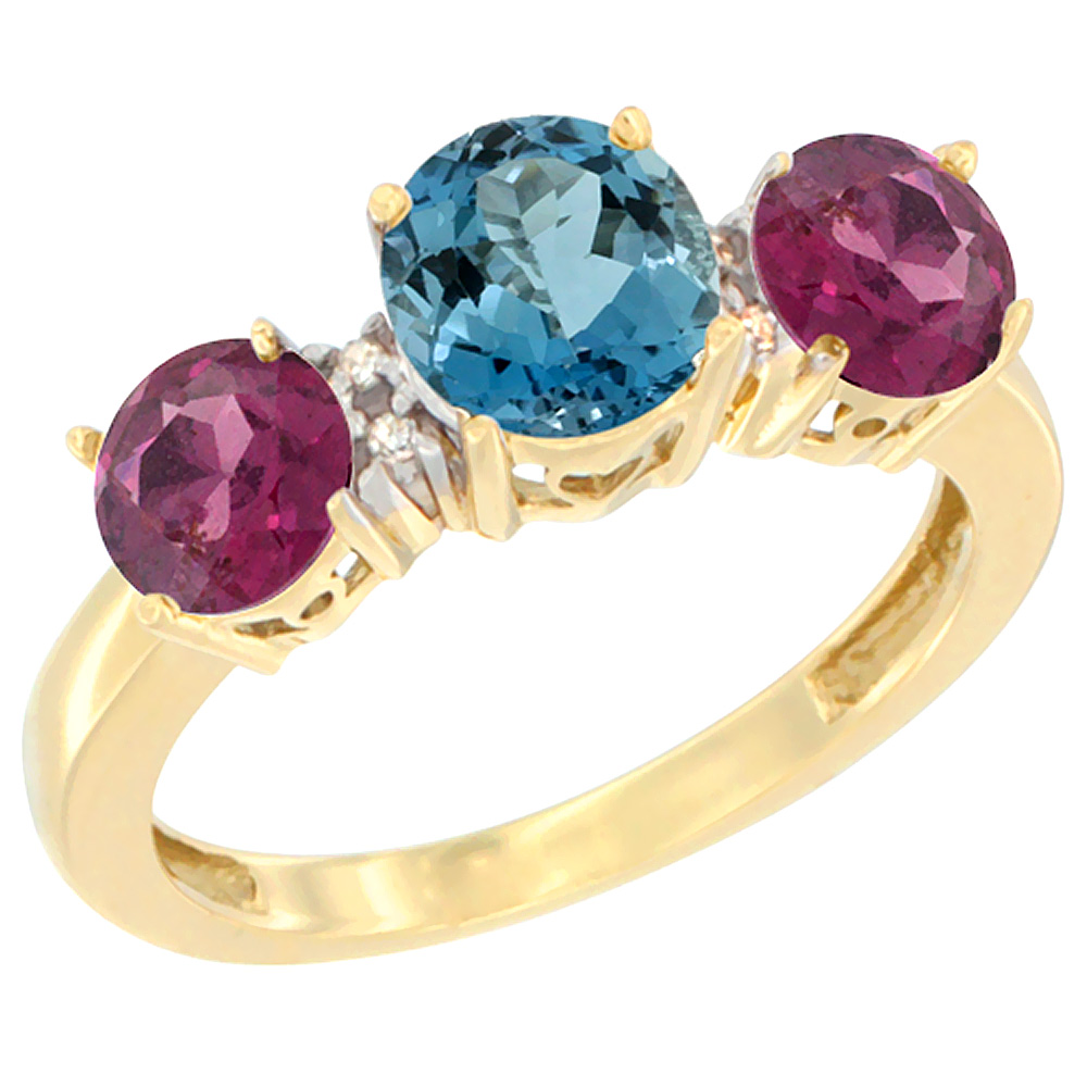 10K Yellow Gold Round 3-Stone Natural London Blue Topaz Ring &amp; Rhodolite Sides Diamond Accent, sizes 5 - 10