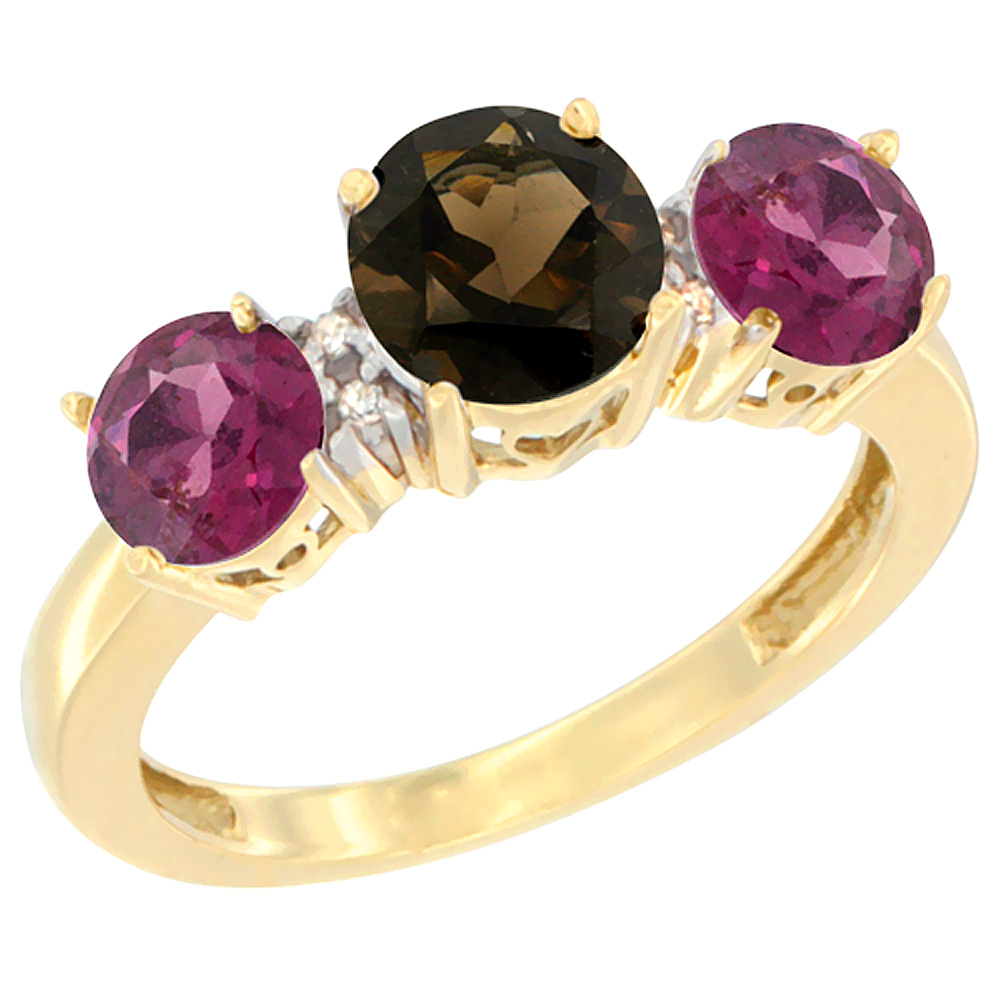 10K Yellow Gold Round 3-Stone Natural Smoky Topaz Ring & Rhodolite Sides Diamond Accent, sizes 5 - 10