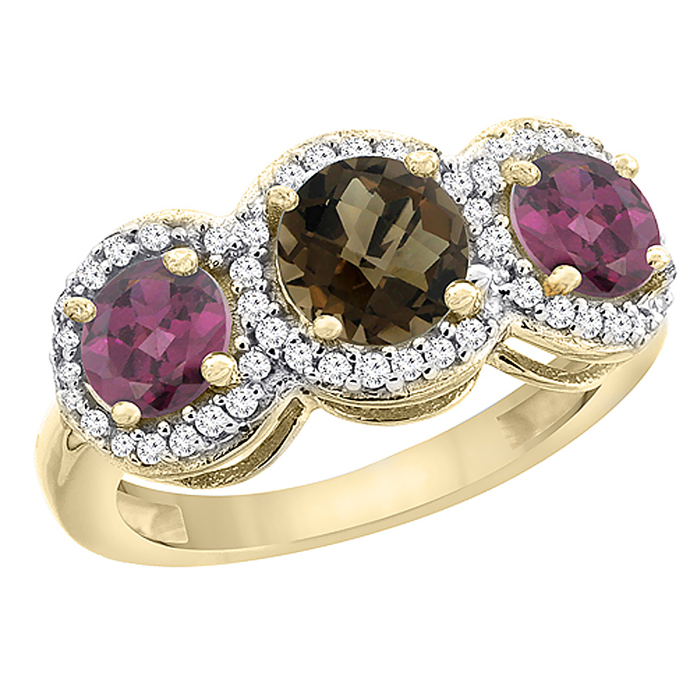 10K Yellow Gold Natural Smoky Topaz & Rhodolite Sides Round 3-stone Ring Diamond Accents, sizes 5 - 10