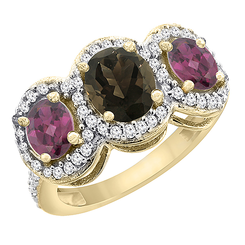 10K Yellow Gold Natural Smoky Topaz & Rhodolite 3-Stone Ring Oval Diamond Accent, sizes 5 - 10