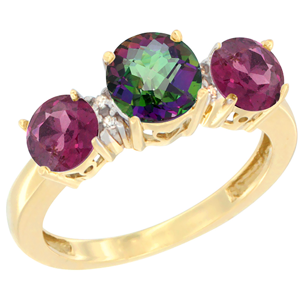 14K Yellow Gold Round 3-Stone Natural Mystic Topaz Ring &amp; Rhodolite Sides Diamond Accent, sizes 5 - 10