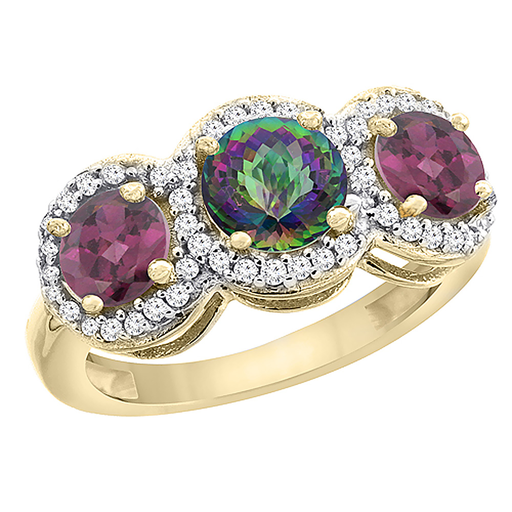 10K Yellow Gold Natural Mystic Topaz & Rhodolite Sides Round 3-stone Ring Diamond Accents, sizes 5 - 10