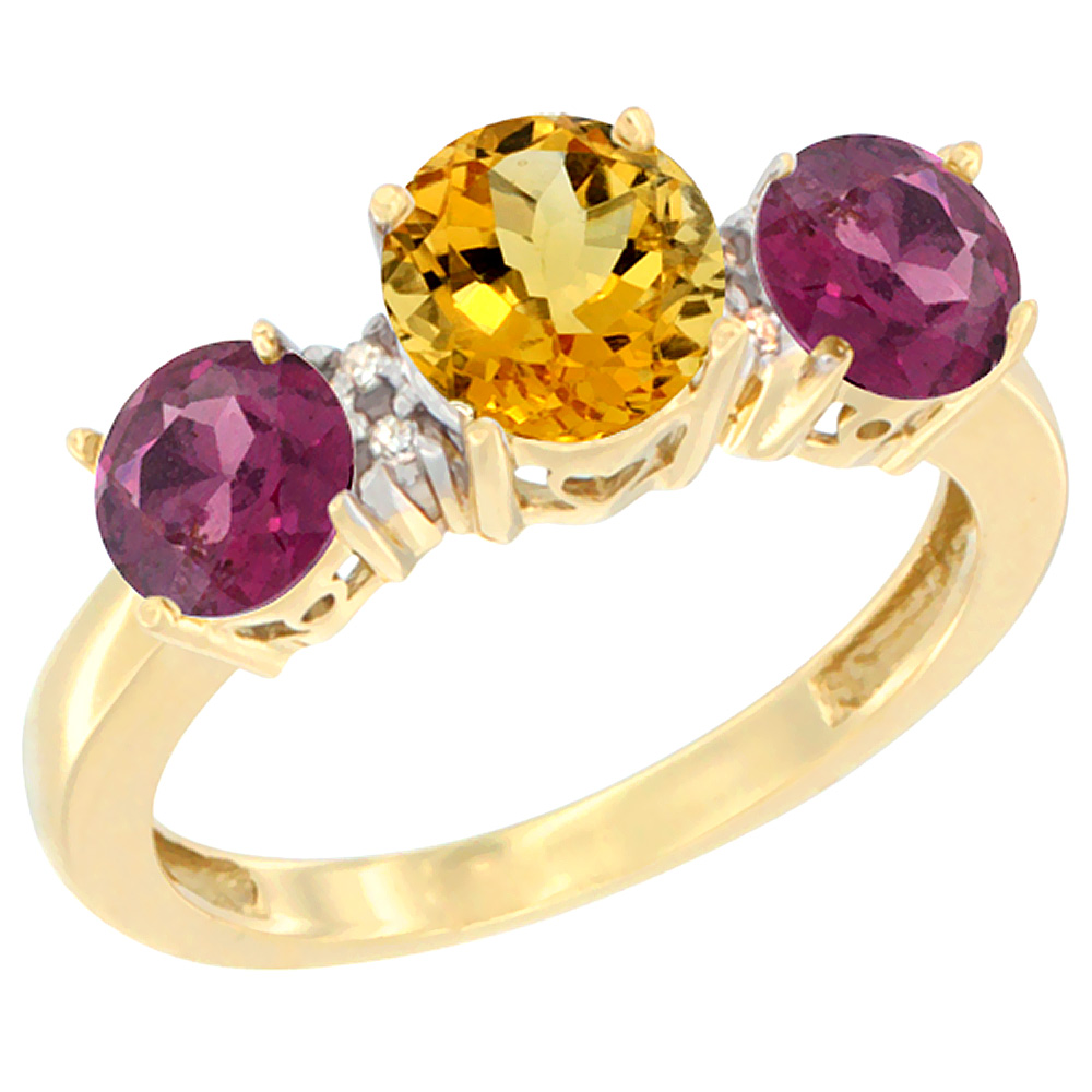 10K Yellow Gold Round 3-Stone Natural Citrine Ring & Rhodolite Sides Diamond Accent, sizes 5 - 10