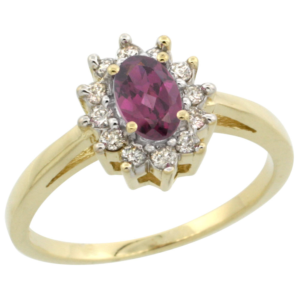 10K Yellow Gold Natural Rhodolite Flower Diamond Halo Ring Oval 6x4 mm, sizes 5 10